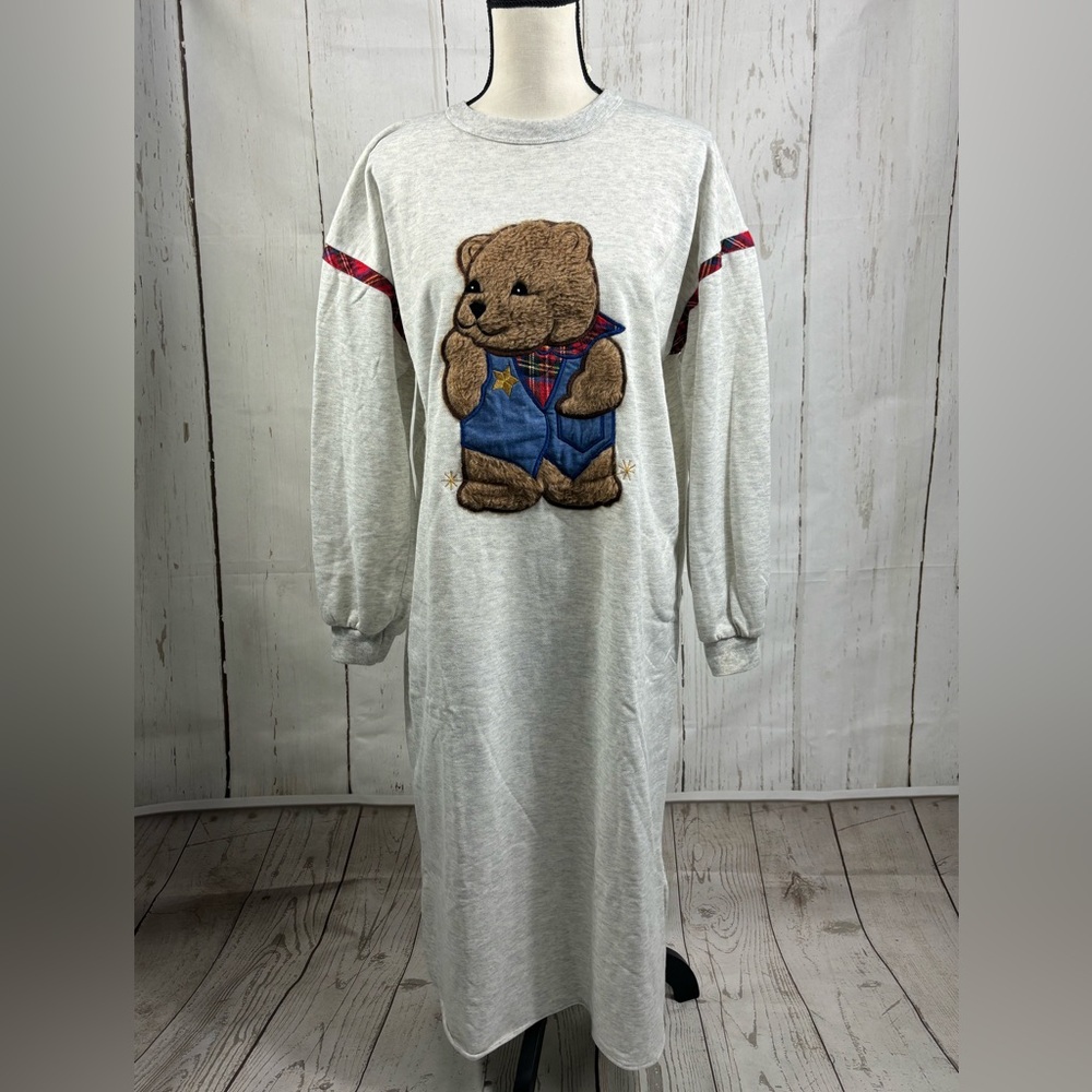 Vintage 90s Bolo Spirit Teddy Bear Long Casual Dress Pajama Dress Fleece Lined